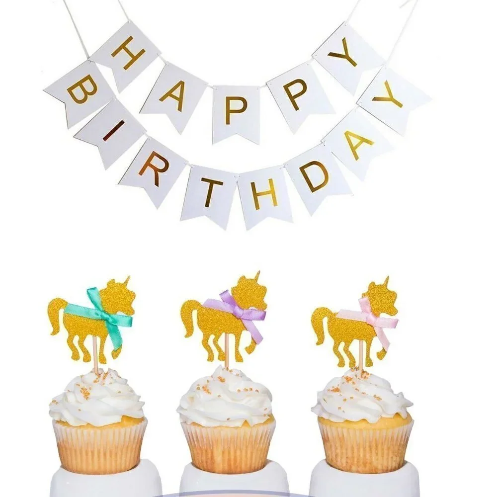 🌺 Gold Unicorn Cupcake Toppers & Classic Happy Birthday Banner
